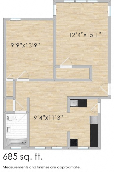 Floor plan for 1 bed, 1 bath, 685 sqft